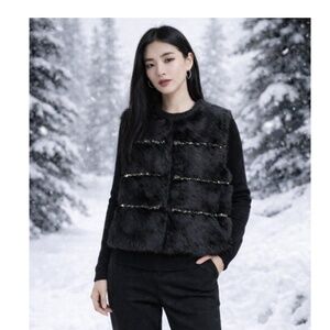 Love Token Women's Studded Black Rabbit Fur Vest (Vest Only)